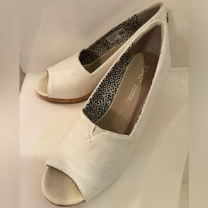 TOMS canvas peep-toe cork wedge slip-ons in EUC.